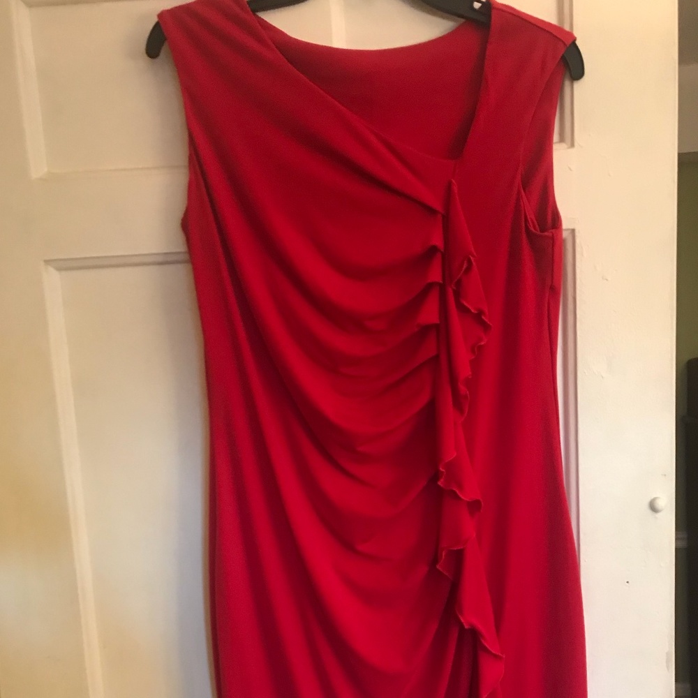 Sleeveless red sheath with ruffle in front dress